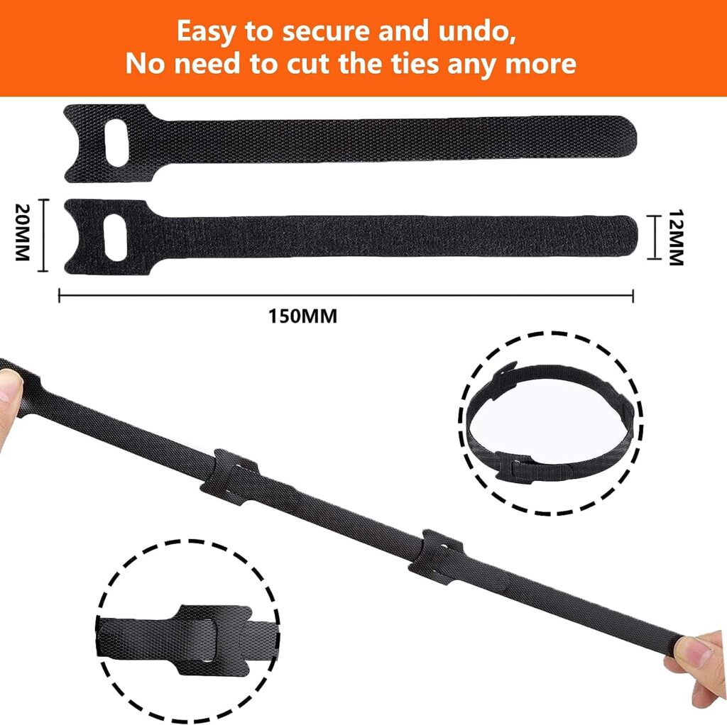 100Pcs Velcro Cable Ties - Reusable Cable Tie, Black Adjustable Hook and Loop Cable Straps for PC, TV Cable Tidy, Extension Velcro Strap Cable Management for Home and Office Electronics (12 * 150mm)