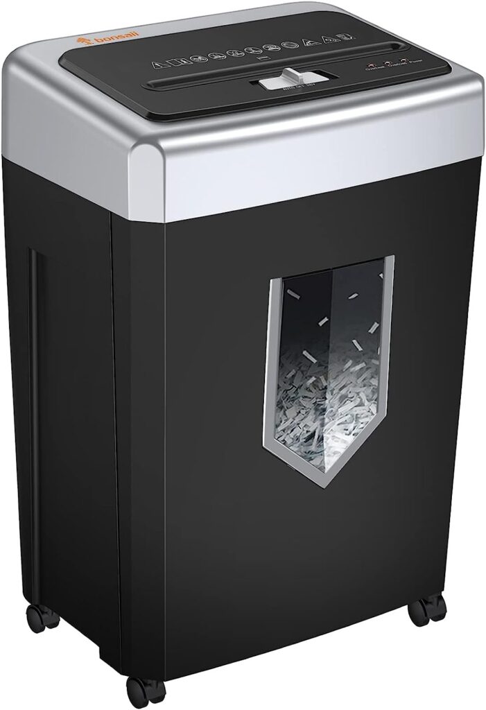 Bonsaii Office Shredder, 30-Minute Heavy Duty Paper Shredder, 15-Sheet Cross Cut Shredder for CD/CreditCards, Quiet Shredder for Business with Jam Proof System 18L Wastebasket Wheels (New C169-B)