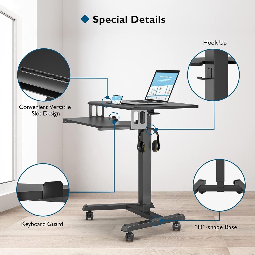 BONTEC 65 Ã 45cm Two-Tier Mobile Computer Workstation with 4 Rolling Castors, Laptop Stand on Wheels, Height Adjustable Standing Desk, Side Table for Living Room, Bedroom, Medical