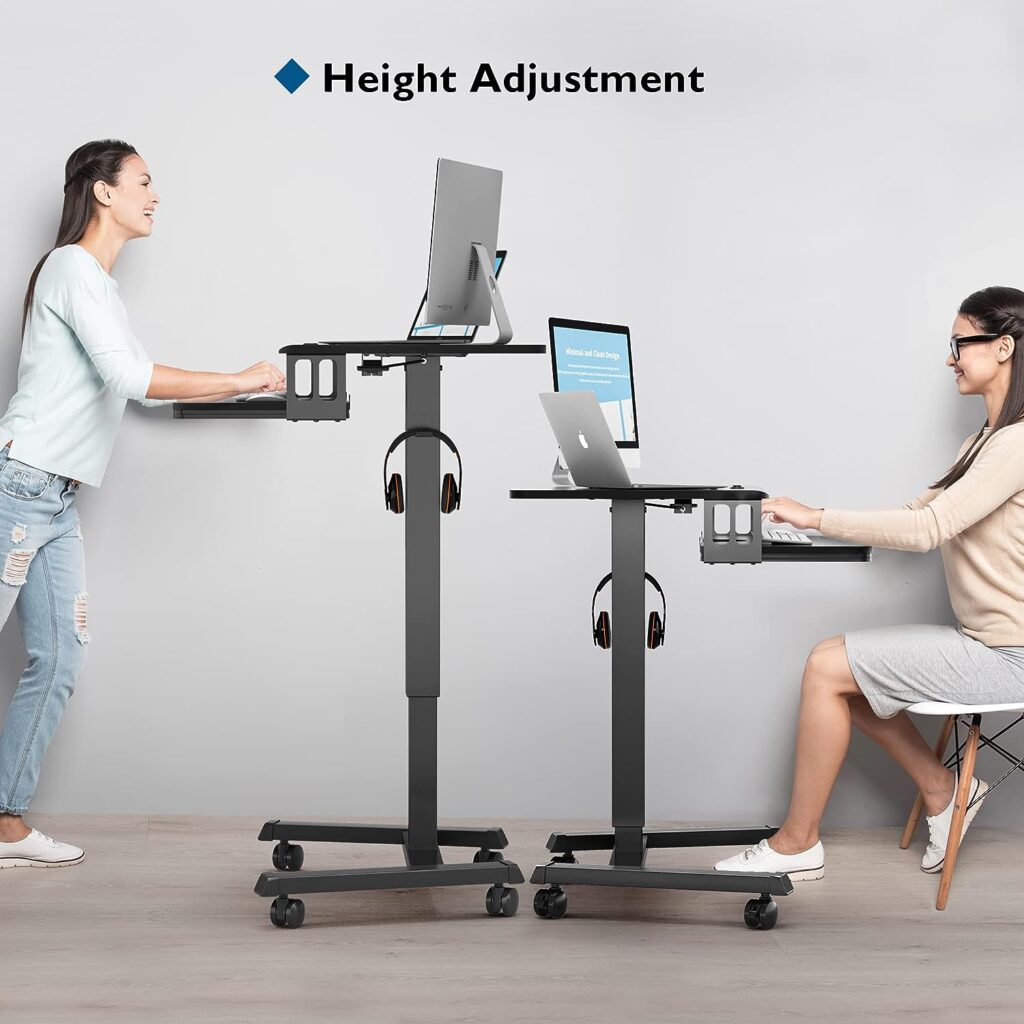 BONTEC 65 Ã 45cm Two-Tier Mobile Computer Workstation with 4 Rolling Castors, Laptop Stand on Wheels, Height Adjustable Standing Desk, Side Table for Living Room, Bedroom, Medical