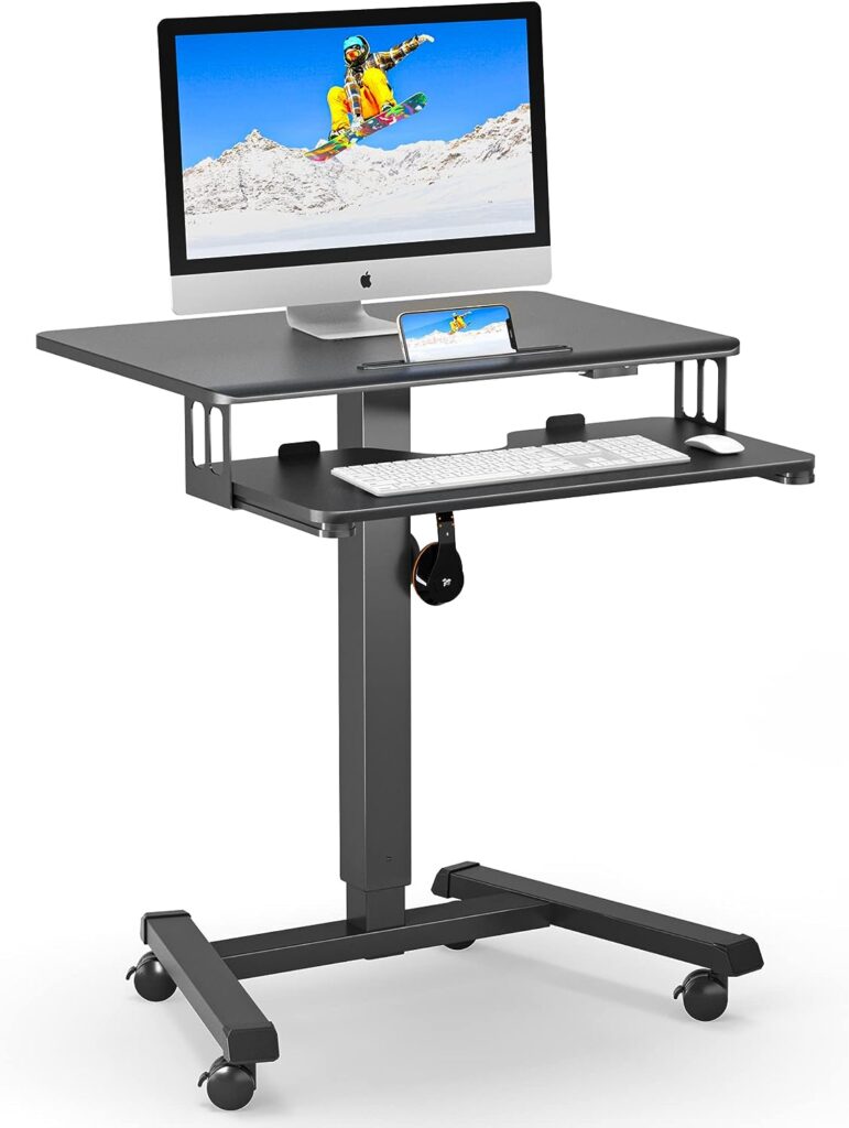 BONTEC 65 Ã 45cm Two-Tier Mobile Computer Workstation with 4 Rolling Castors, Laptop Stand on Wheels, Height Adjustable Standing Desk, Side Table for Living Room, Bedroom, Medical