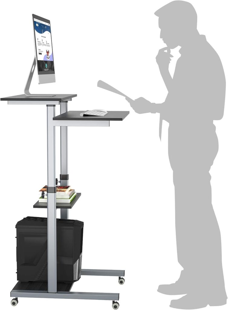 BONTEC Mobile Workstation Compact Stand-up Computer Presentation Cart Ergonomic with 4 Rolling Castors Moveable Height Adjustable