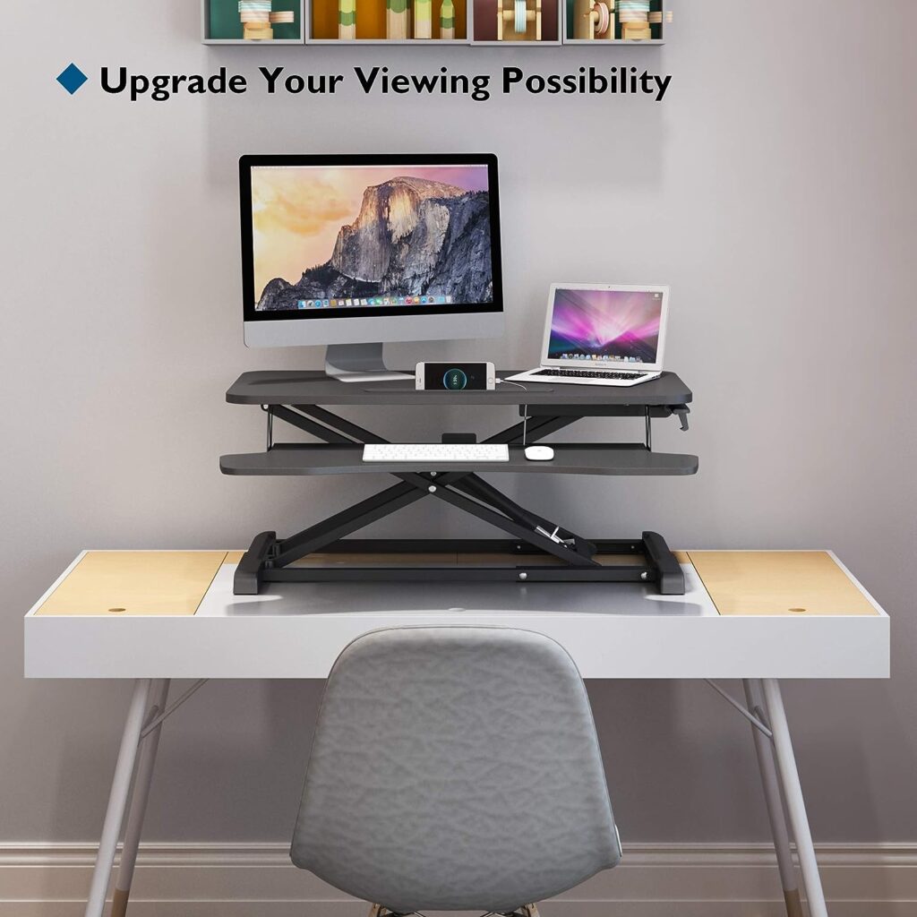 BONTEC Standing 32inch/800mm Desk Converter, Height Adjustable Dual Tiered Computer Workstation, Ergonomic Sit Standing Converter with Platform for PC Computer Screen, Keyboard, Laptop up to 15kg