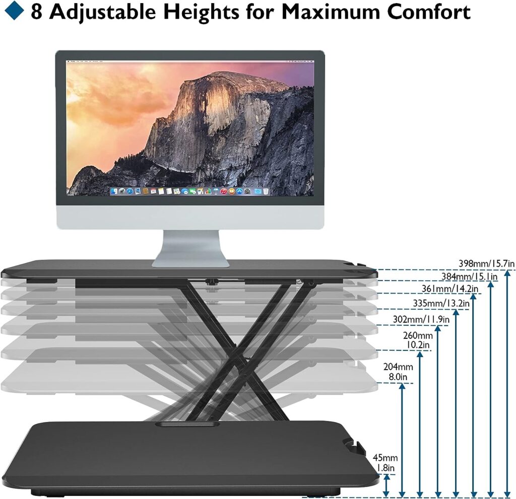 BONTEC Standing Desk Converter 67x47cm, Height Adjustable Sit Stand desk Converter Workstation, Ergonomic X-Frame Desk Riser for Laptop, Monitor, Keyboard Home Office, Ultra-Slim Desk Raiser up to 8kg