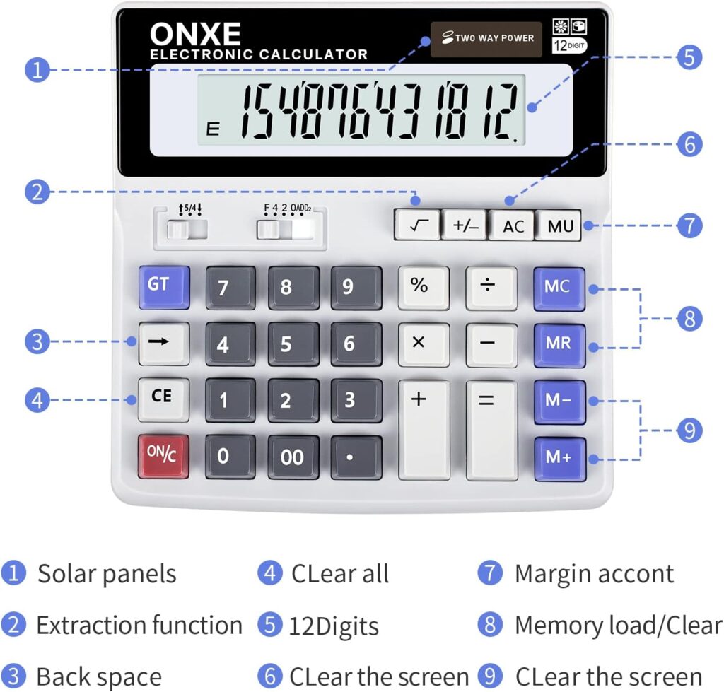 Calculators,Desktop Office 12 Digit Display Standard Function Scientific Electronic Calculator,Solar Button Battery and AA Battery Powered (White)