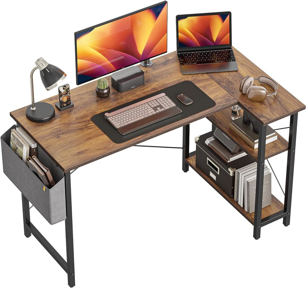 CubiCubi 100 cm Small L Shaped Computer Desk with Storage Shelves Home Office Corner Desk Study Writing Table, Deep Brown