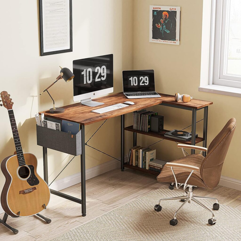 CubiCubi 100 cm Small L Shaped Computer Desk with Storage Shelves Home Office Corner Desk Study Writing Table, Deep Brown