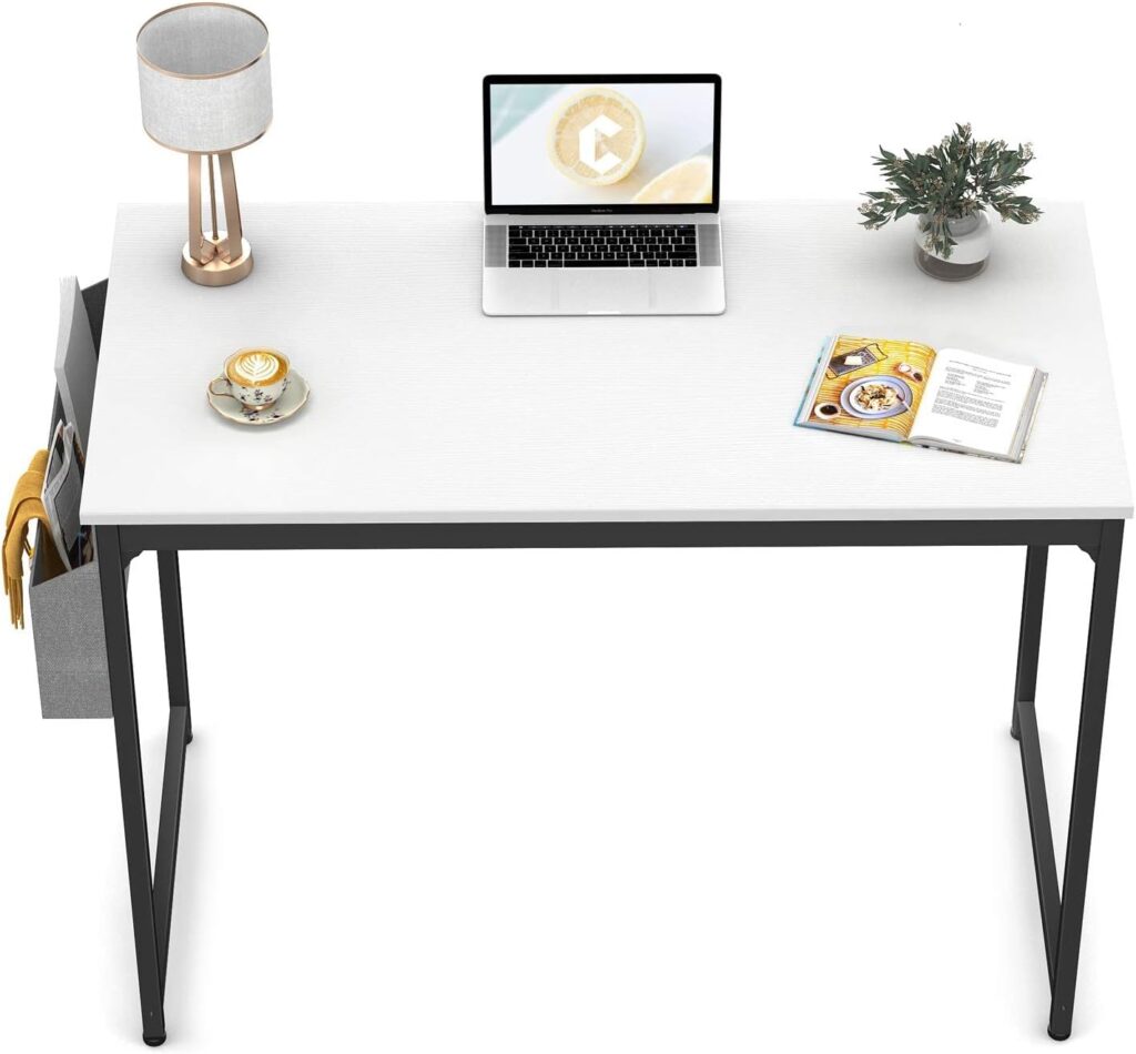 CubiCubi Study Computer Desk 80cm Home Office Writing Small Desk, Modern Simple Style PC Table, Black Metal Frame, White