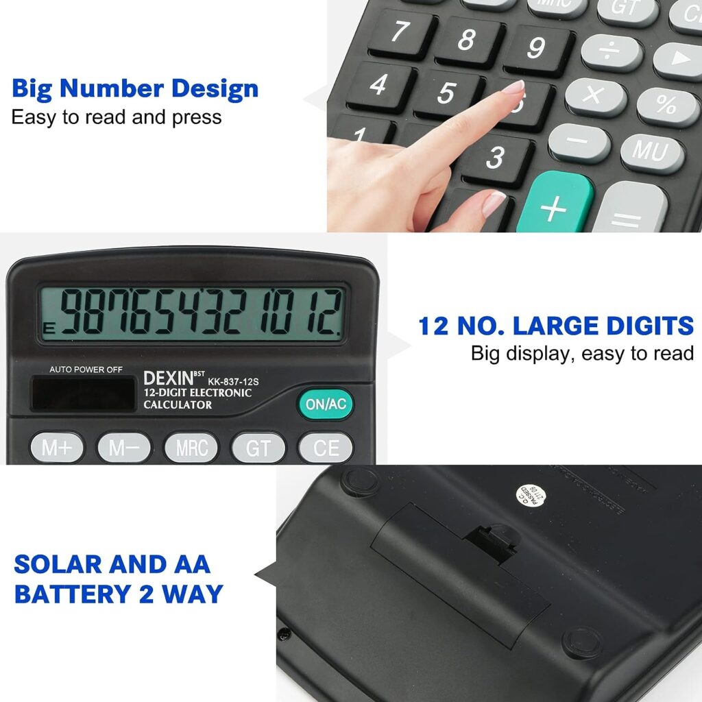 Desk Calculator, Envysun Compact 12-Digit Solar Battery Office Electronic Calculator with LCD Display, Dual Power Desktop Scientific Calculators (Grey)