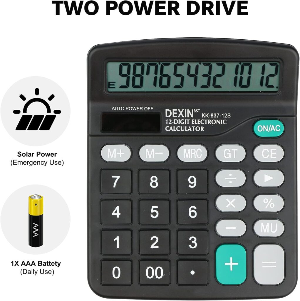 Desk Calculator, Envysun Compact 12-Digit Solar Battery Office Electronic Calculator with LCD Display, Dual Power Desktop Scientific Calculators (Grey)