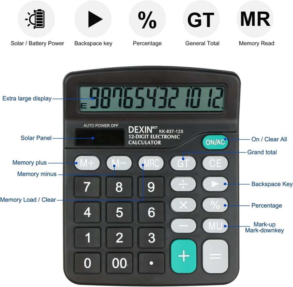 Desk Calculator, Envysun Compact 12-Digit Solar Battery Office Electronic Calculator with LCD Display, Dual Power Desktop Scientific Calculators (Grey)