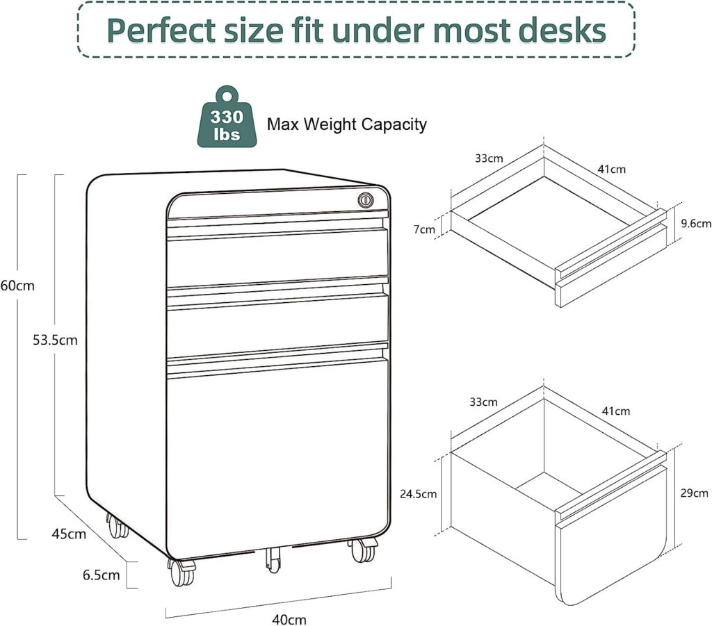 Dripex 3-Drawer Mobile File Cabinet for A4 File, Lockable Rolling Metal Vertical Filling File Cabinet with Hanging File Frame and Anti-tilt Design Office Fully Assembled Except Wheels, Black