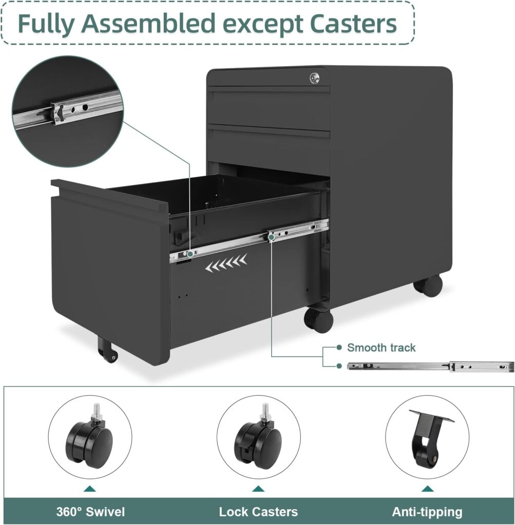 Dripex 3-Drawer Mobile File Cabinet for A4 File, Lockable Rolling Metal Vertical Filling File Cabinet with Hanging File Frame and Anti-tilt Design Office Fully Assembled Except Wheels, Black