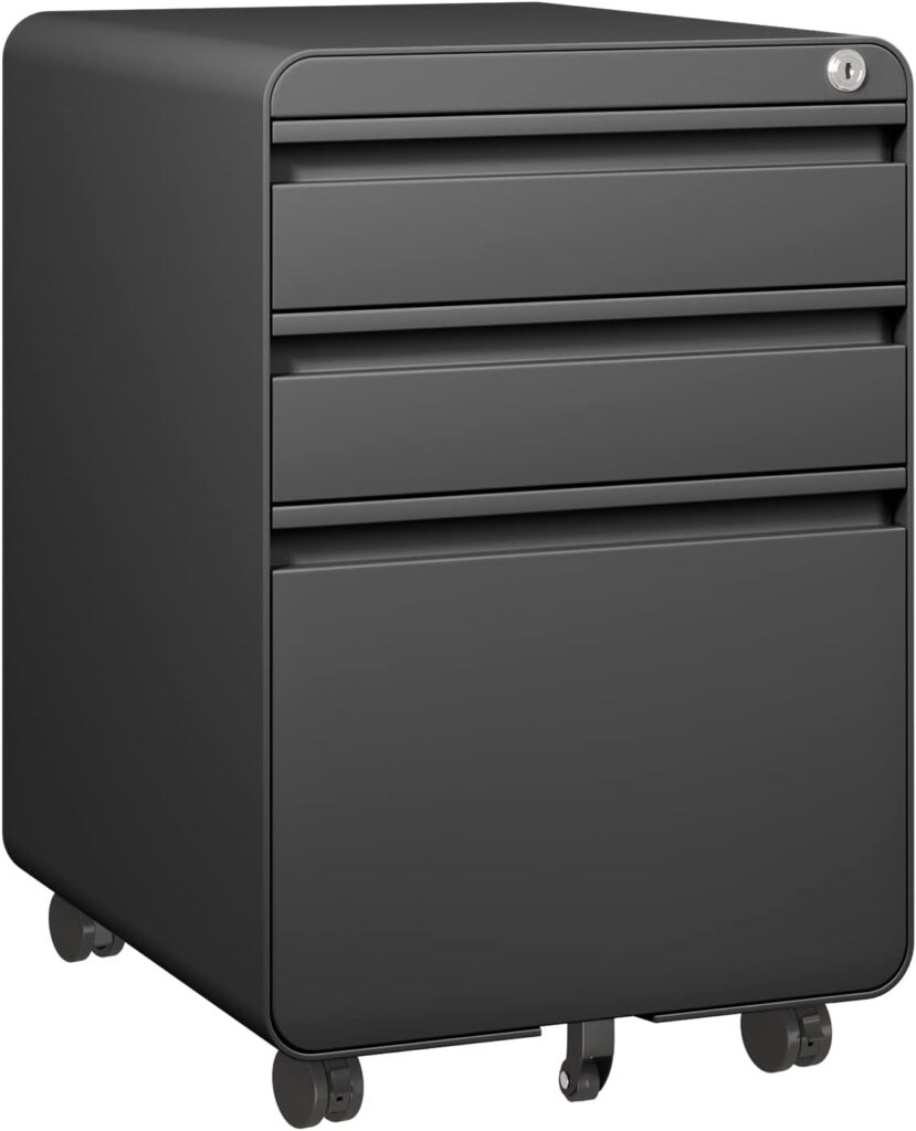 Dripex 3-Drawer Mobile File Cabinet for A4 File, Lockable Rolling Metal Vertical Filling File Cabinet with Hanging File Frame and Anti-tilt Design Office Fully Assembled Except Wheels, Black