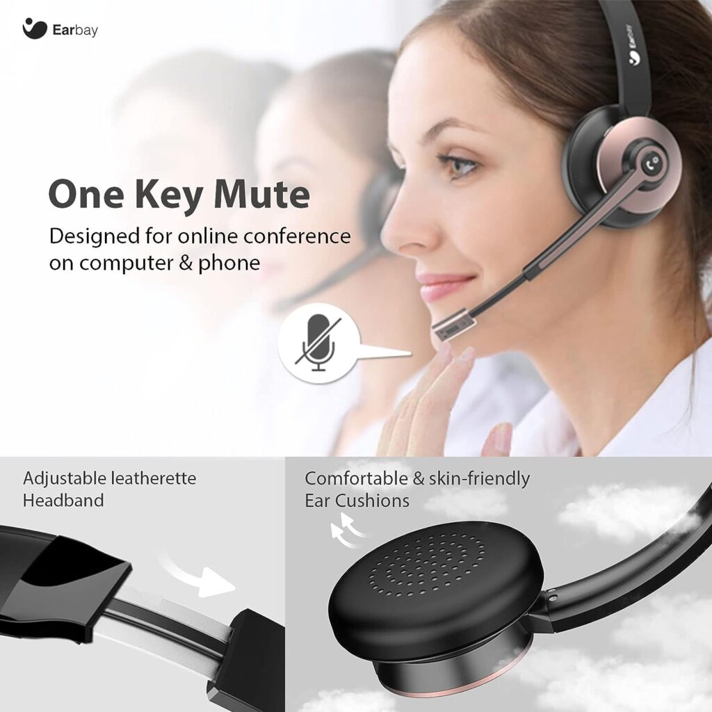 Earbay Wireless Headset, Bluetooth Headphones with Microphone Noise Canceling USB Dongle, Office Headset with Charge Dock for Mobile Phone Computer Tablet Work Skype Zoom Conference Call Center