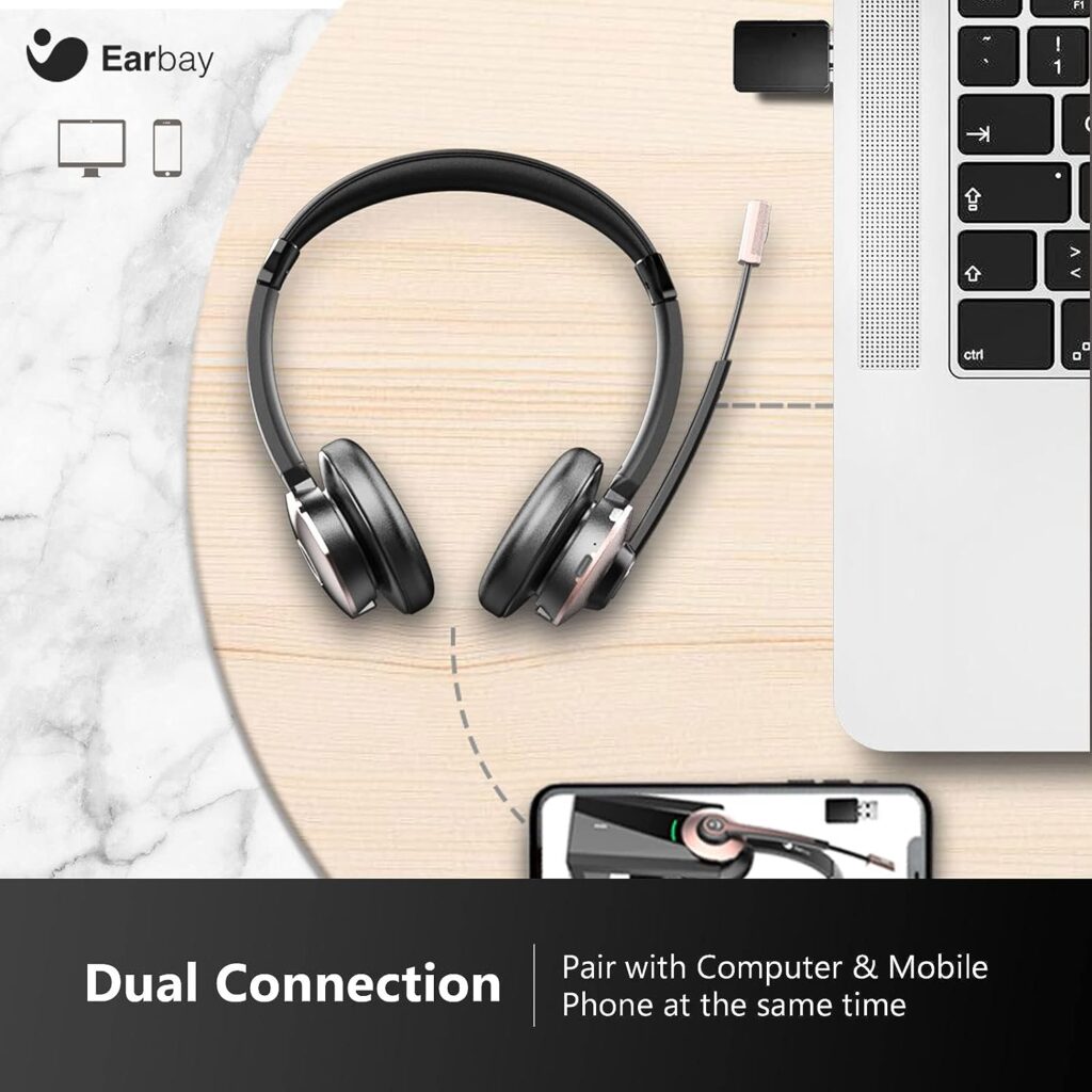 Earbay Wireless Headset, Bluetooth Headphones with Microphone Noise Canceling USB Dongle, Office Headset with Charge Dock for Mobile Phone Computer Tablet Work Skype Zoom Conference Call Center