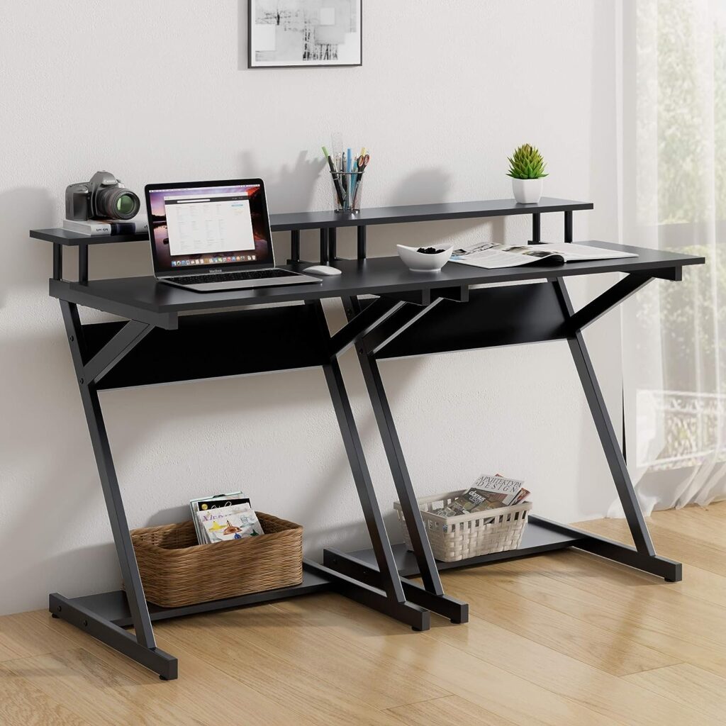 FITUEYES Z-Shaped Computer Desk with Monitor Riser, Space-Saving Black Writing Table, Ideal for Small Spaces, Wooden Home Office Workstation, 70x60x84cm CD307001WB