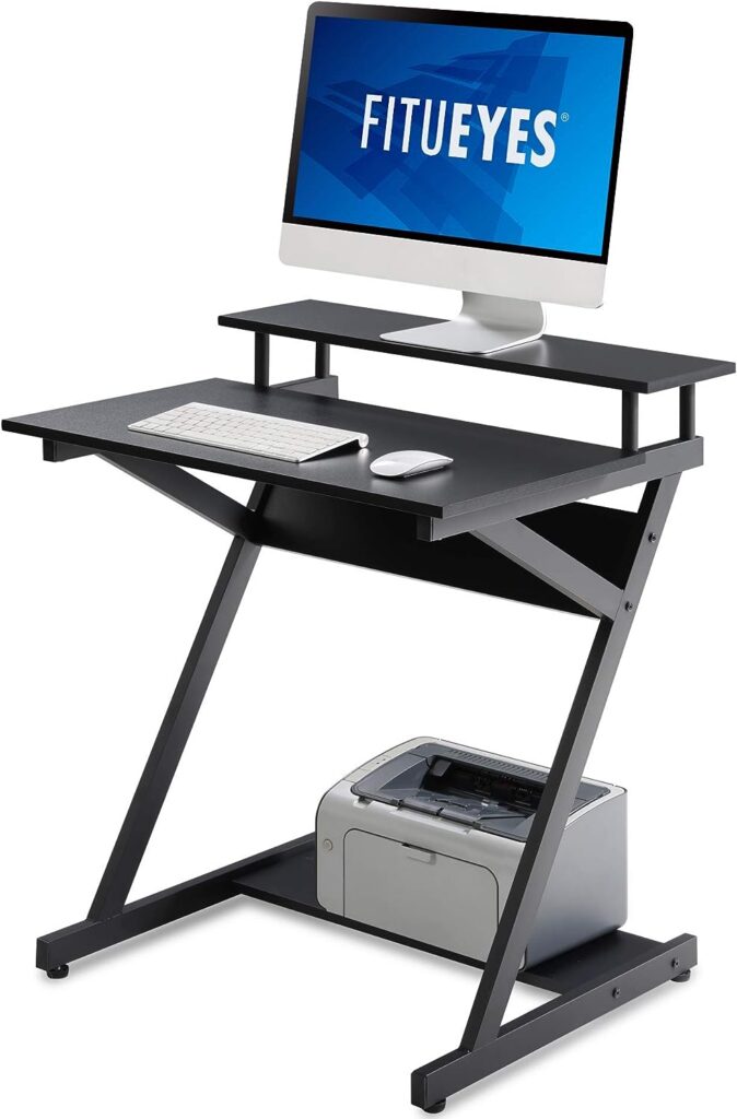 FITUEYES Z-Shaped Computer Desk with Monitor Riser, Space-Saving Black Writing Table, Ideal for Small Spaces, Wooden Home Office Workstation, 70x60x84cm CD307001WB