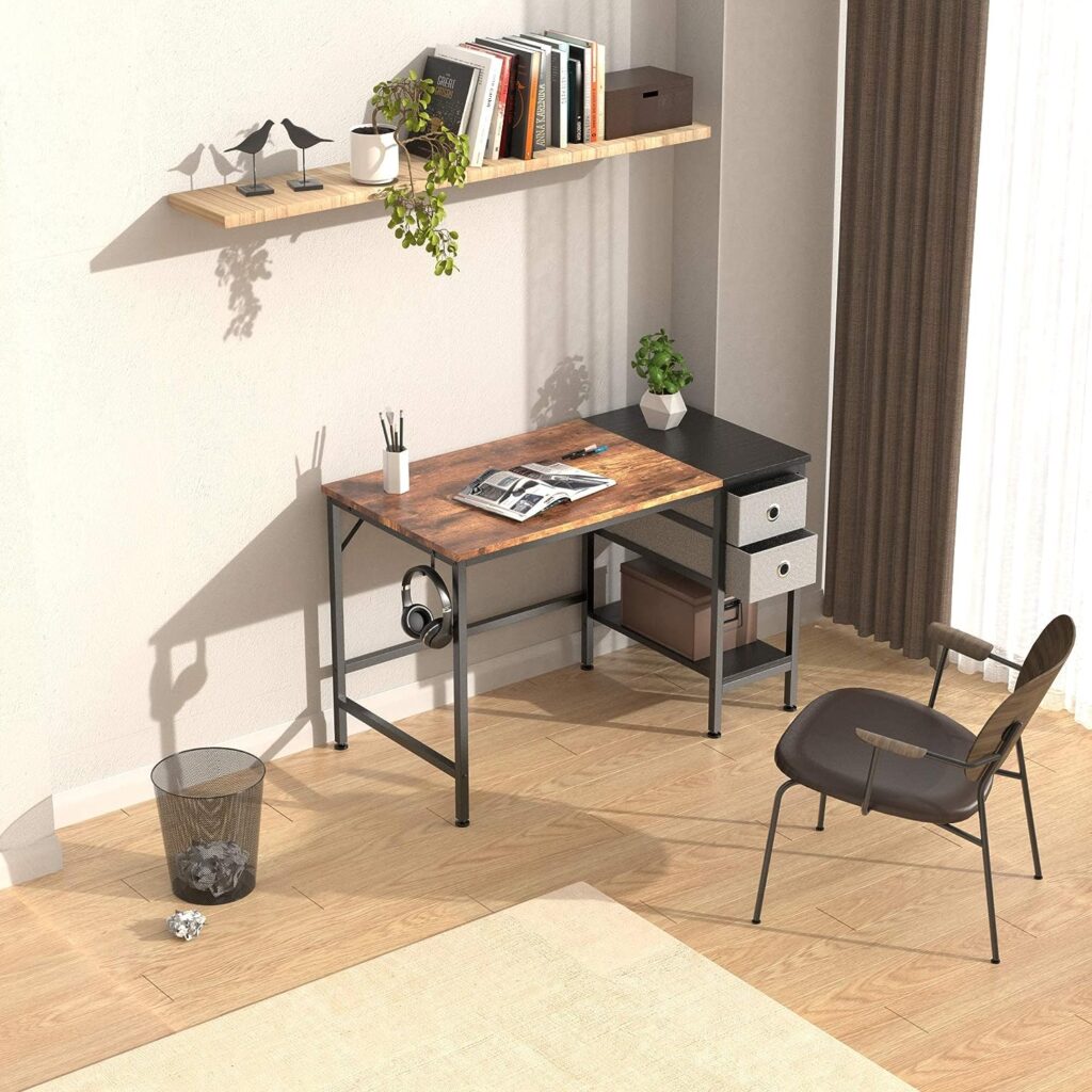 HOMIDEC Computer Desk, Office Work Desk for student and worker, Writing Desk with drawer and Headphone Hook, Laptop Table with shelves, Modern Style Desks for Bedroom, Home, Office(100x50x75cm)