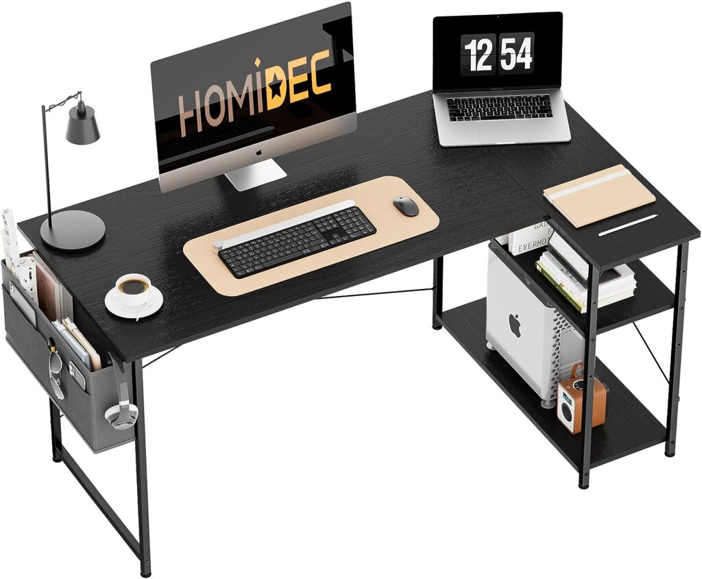 HOMIDEC L Shaped Desk 120CM Computer Desk Study Office Desk Gaming Desk Writing Table With Bookshelf Reversible Corner Desk For Home Office Studio Workstation