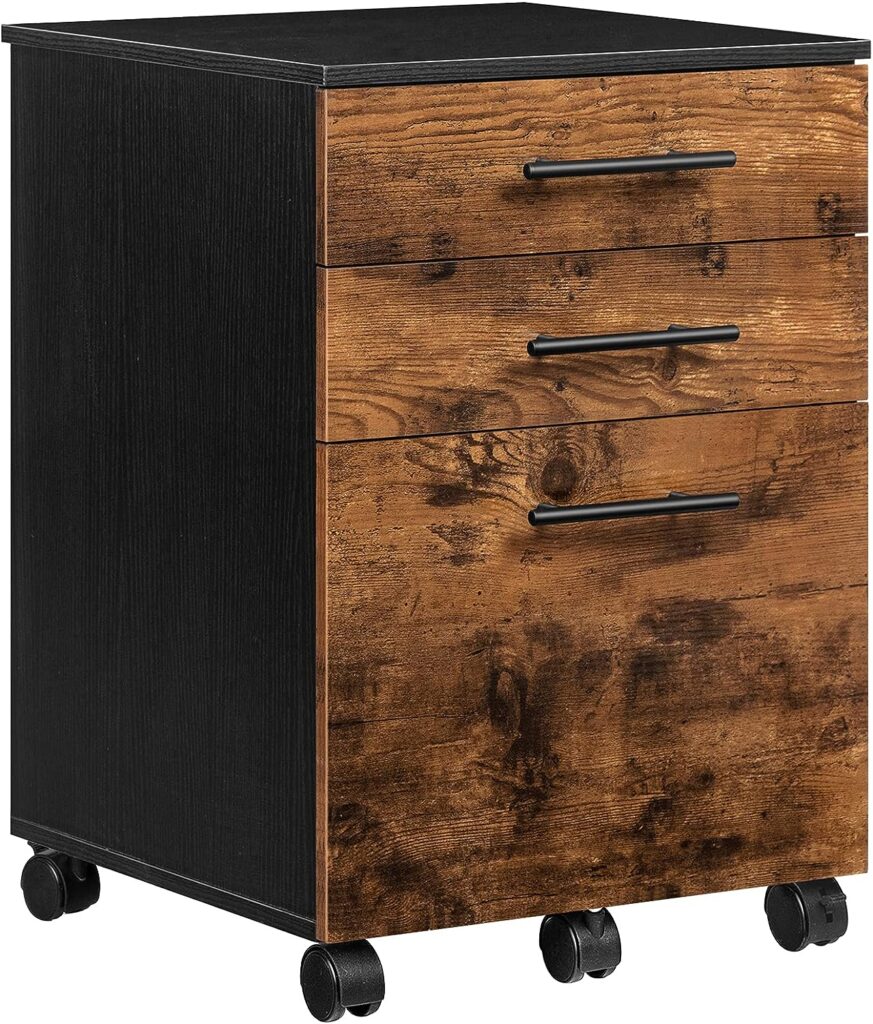 HOOBRO Filing Cabinet, 3-Drawer File Cabinet, Office Cabinet for Home Office, Mobile Pedestal on 5 Wheels, for A4, Letter Size, Hanging File Folders, Rustic Brown and Black EBF02WJ01G1