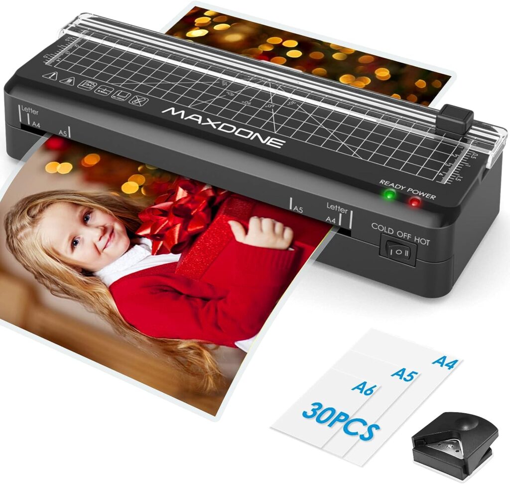 Laminator A4, Laminator Machine with Hot and Cold Mode, Laminating Machine A4 A5 A6 with 30 Laminating Pouches for Office, School and Home(Black)