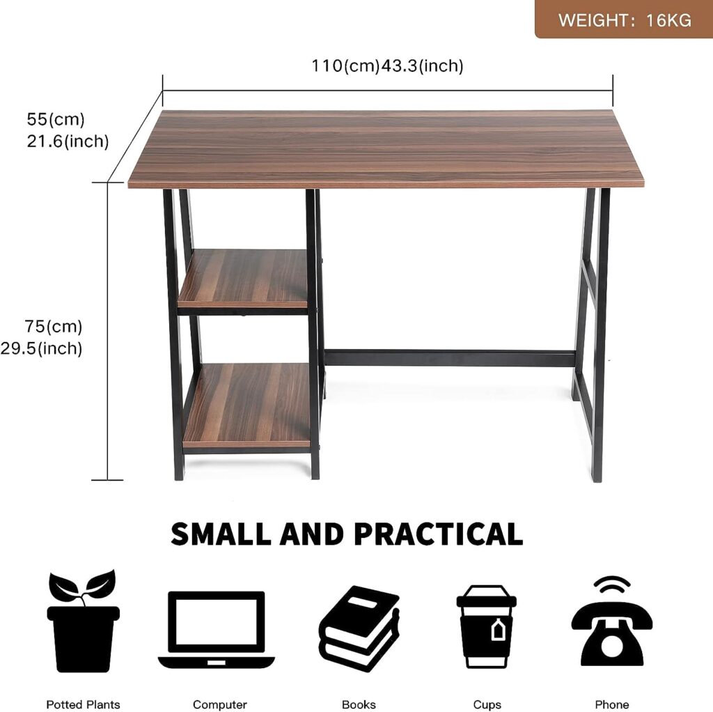 Oak Tea Computer Desk Small Home Office Table with Shelves Compact Workstation Modern Style Writing Desk for Work Study Gaming 110 x 55 x 75cm