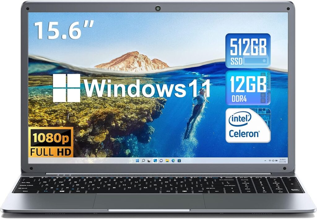 SGIN Laptop 15.6 Inch FHD 1920x1080 (12GB RAM 512GB SSD, Intel Celeron N5095 Processor) Laptop Windows 11 with Mini HDMI, 2xUSB 3.0, Dual Band WiFi, 512GB TF Card Expansion (Gray)