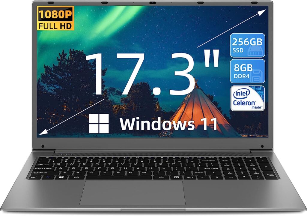 SGIN Laptop 17.3 Inch 8GB RAM 256GB SSD, Laptop Windows 11 Celeron Quad-Core Processor Up to 2.8GHz, 1080P FHD PC Notebook with Dual Band WiFi, 2xUSB 3.0, Keyboard Film in Eight Languages