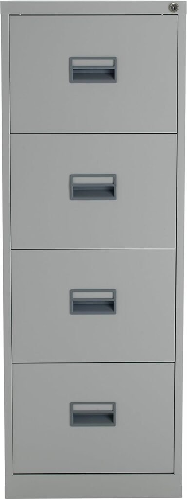 Talos Heavy Duty Steel Filing Cabinet, 4 Drawer Filing Cabinet, Fully Welded Construction with 40kg Drawer Tolerance, Lockable Office Storage, 7 Year Guarantee - Grey