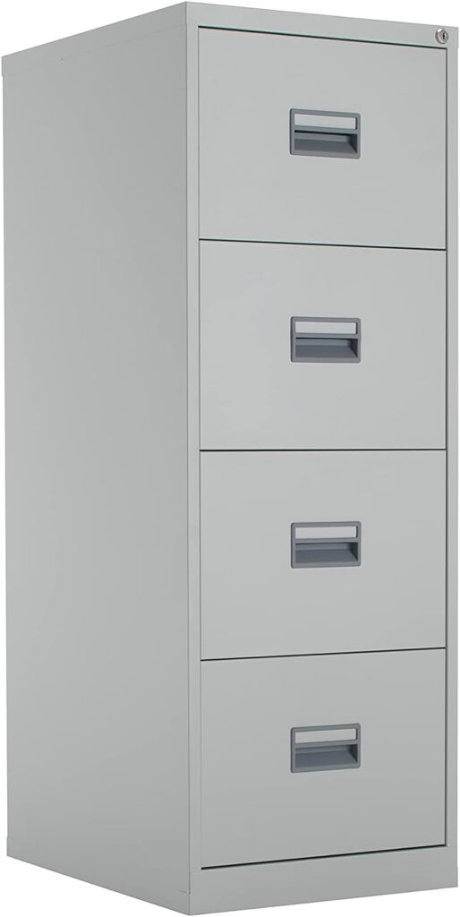 Talos Heavy Duty Steel Filing Cabinet, 4 Drawer Filing Cabinet, Fully Welded Construction with 40kg Drawer Tolerance, Lockable Office Storage, 7 Year Guarantee - Grey