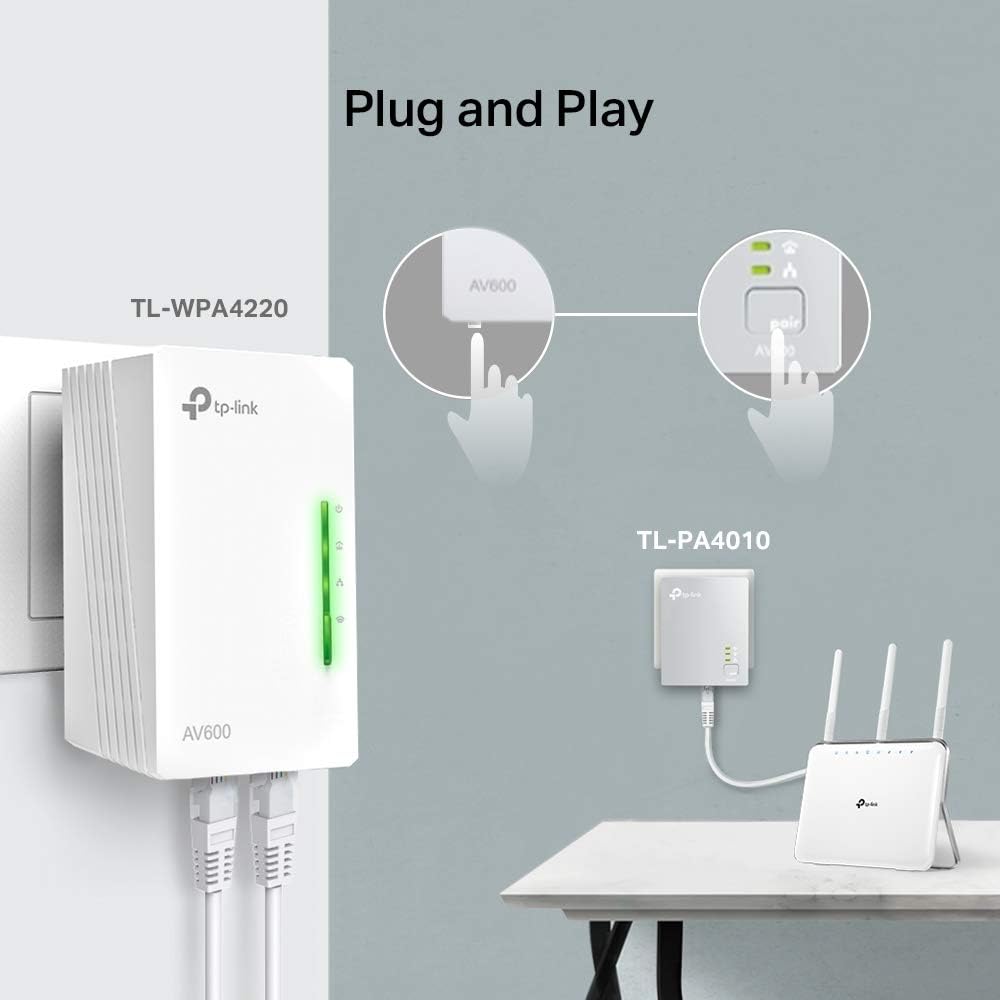 TP-Link AV600 Powerline Adapter Wi-Fi Kit, Wi-Fi Booster/Hotspot/ Extender, Wi-Fi Speed up to 300Mbps, 2+1 Ports| N300 Mbps+AV600 Mbps plug and play, (TL-WPA4220 KIT)