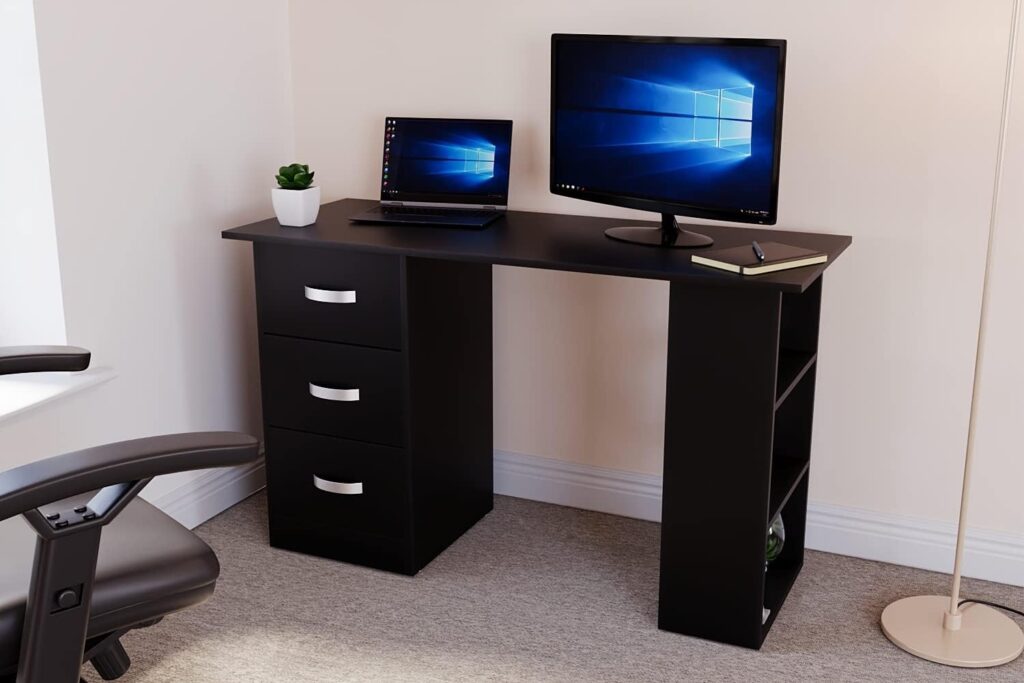 Vida Designs Mason Computer Desk with Shelves and 3 Drawers, Home Office PC/Laptop Gaming Table, Study Workstation, Furniture Black