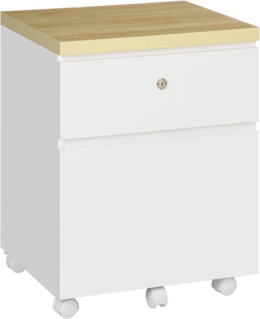 Vinsetto 2-Drawer Filing Cabinet with Lock, Mobile File Cabinet with Hanging Bars for A4 Size and Wheels, Home Office Study, White