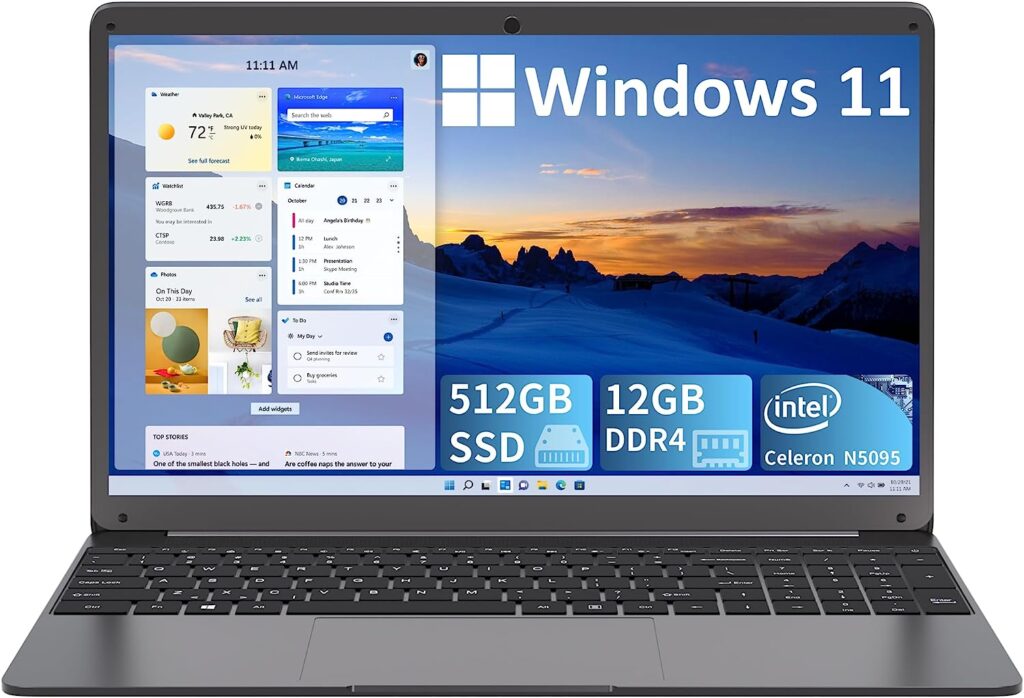 WAICID Laptop 15.6 Inch, 512GB SSD 12GB DDR4, Windows 11 Laptops Computer with Intel Celeron N5095(4M Cache, up to 2.9 GHz), USB Type-C, IPS FHD 1080P Display, 5G/2.4Ghz WiFi, 2*USB3.0, Bluetooth 4.2