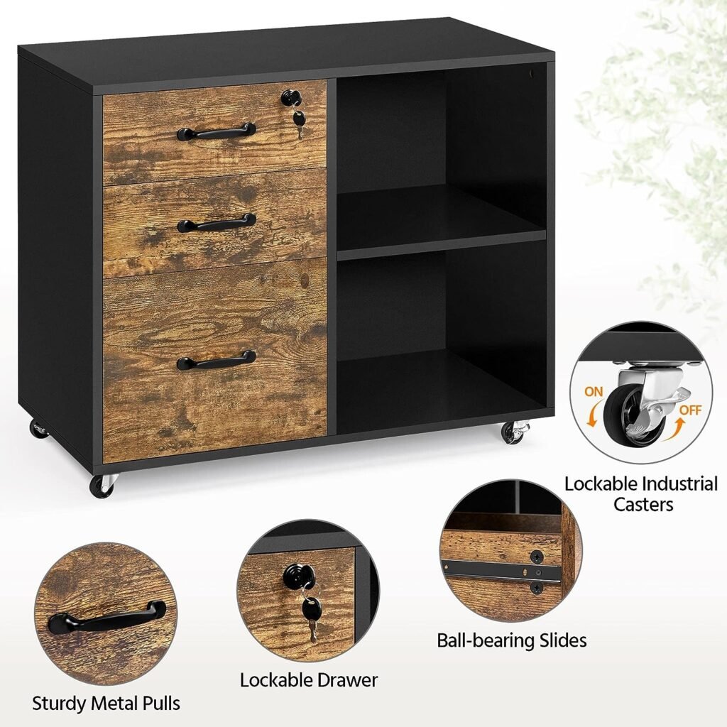 Yaheetech Mobile File Cabinet 3-Drawer Lateral Filing Cabinet for Home Office Vintage Letter Size A4 File Organization Unit Printer Stand 80x40x65.5 cm (LxWxH)