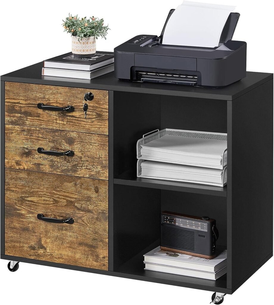 Yaheetech Mobile File Cabinet 3-Drawer Lateral Filing Cabinet for Home Office Vintage Letter Size A4 File Organization Unit Printer Stand 80x40x65.5 cm (LxWxH)