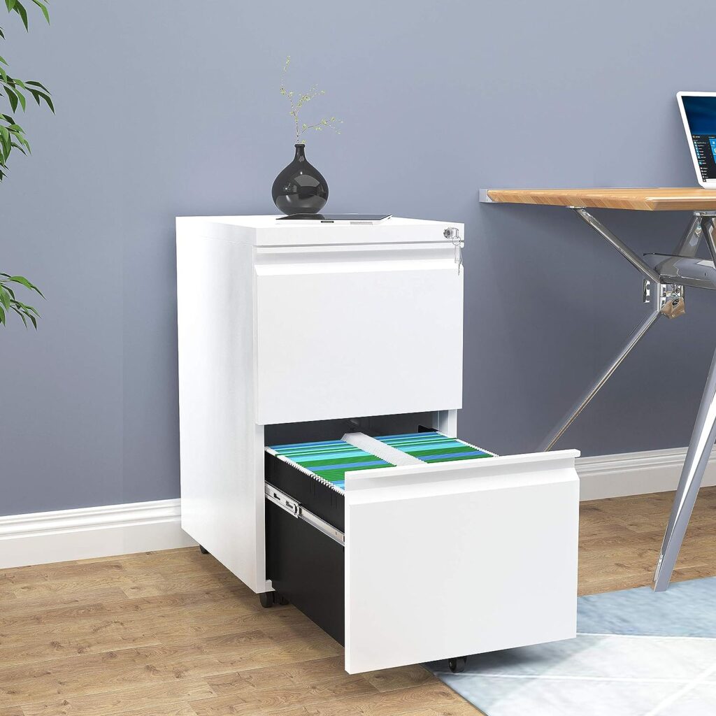 YITAHOME Mobile Filing Cabinet with 2 Lockable Drawers, Anti-tipping Rolling Filing Cabinet with Wheel for Home Office, Under Desk File Storage Cabinets for Letter/Legal/A4 Size, White, 51 x 39 x 71cm