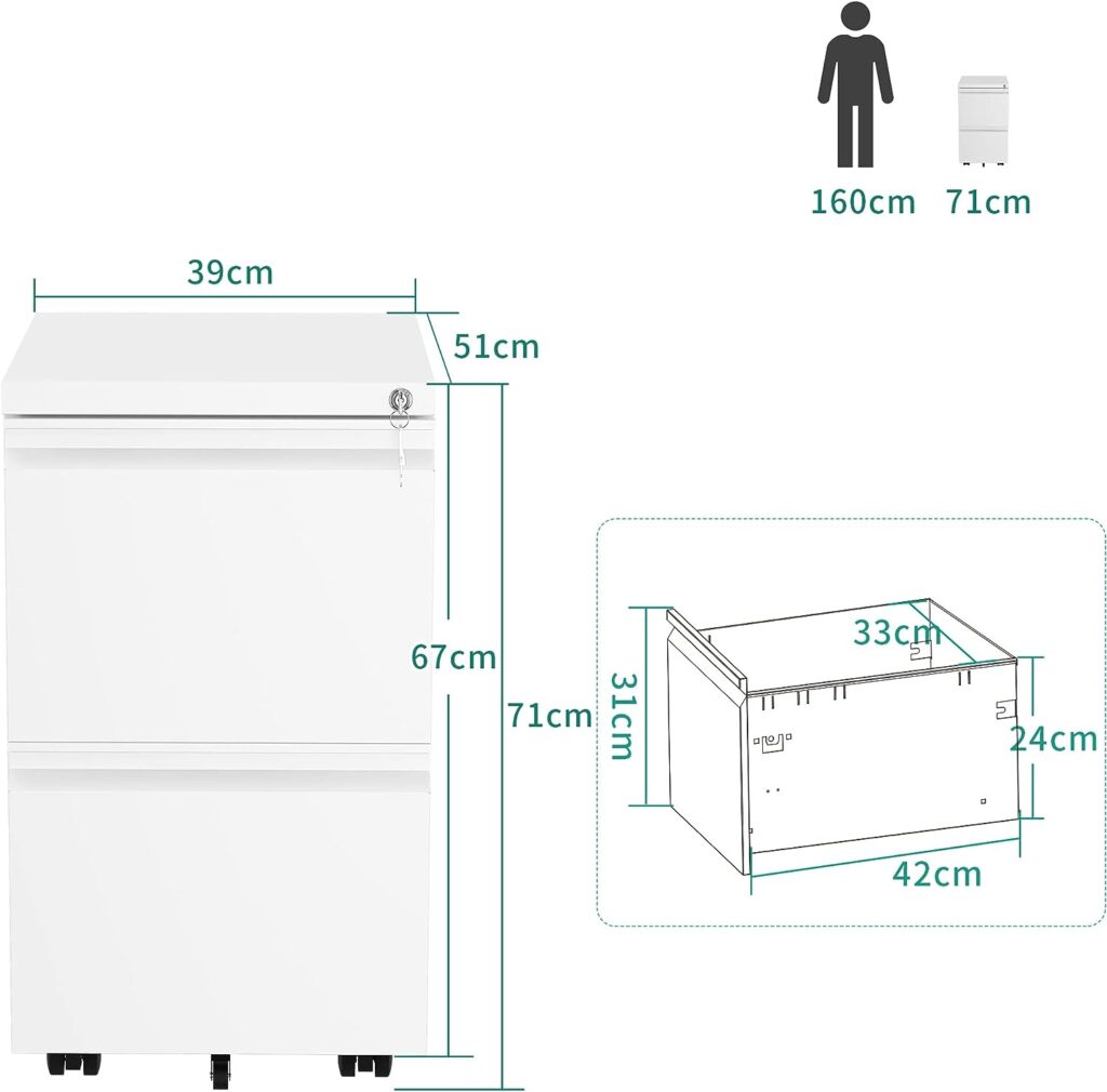 YITAHOME Mobile Filing Cabinet with 2 Lockable Drawers, Anti-tipping Rolling Filing Cabinet with Wheel for Home Office, Under Desk File Storage Cabinets for Letter/Legal/A4 Size, White, 51 x 39 x 71cm