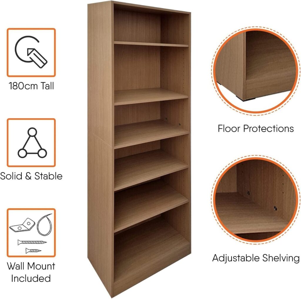 Absolute Deal Tall Narrow Bookcase Storage Unit With Adjustable Shelving Furniture For Living Room Home Office, Beech, 60 x 29 x 180 cm