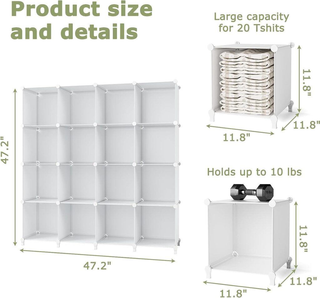 FUNLAX Cube Storage Unit, 16 Cube Bookcase Bookshelf Portable Bathroom Storage Plastic Cube Organiser Stackable Cube Shelving Unit for Clothes Books Toys Yarn Shoes