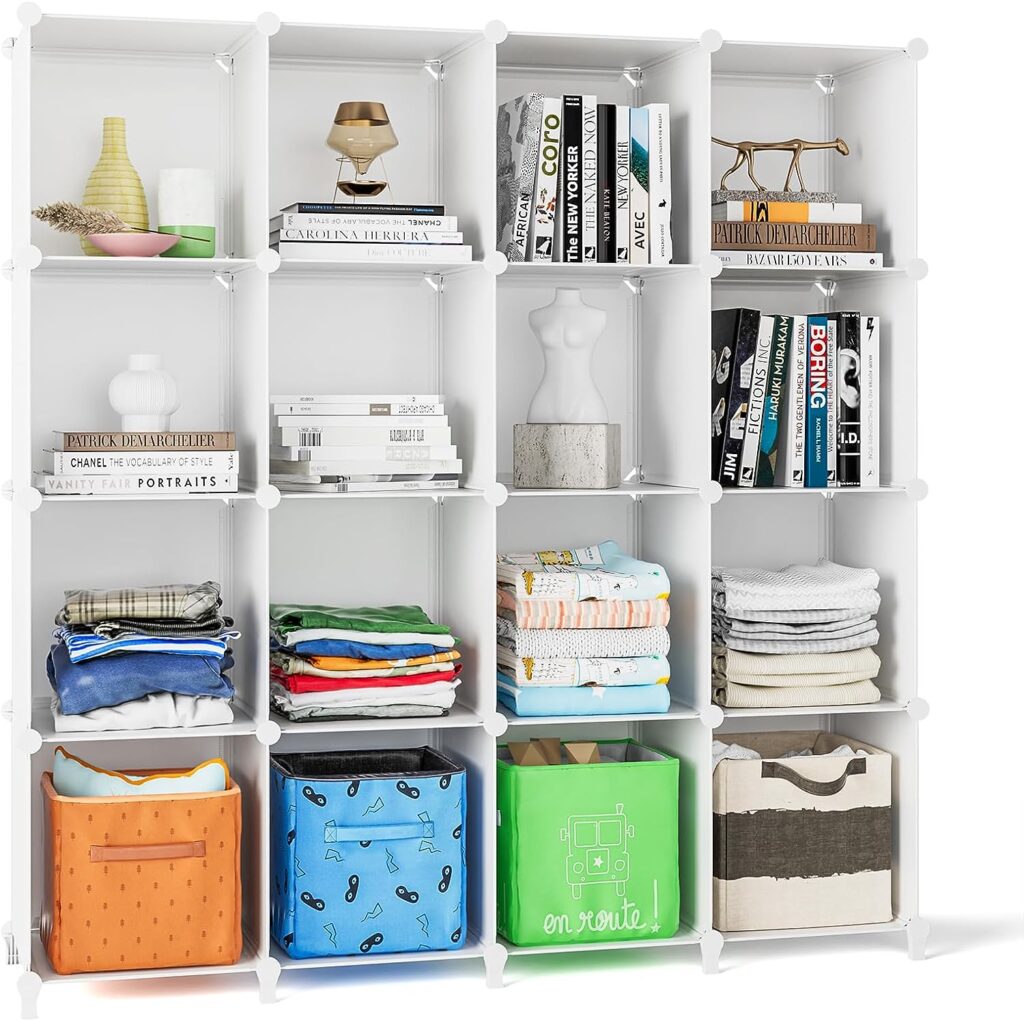 FUNLAX Cube Storage Unit, 16 Cube Bookcase Bookshelf Portable Bathroom Storage Plastic Cube Organiser Stackable Cube Shelving Unit for Clothes Books Toys Yarn Shoes
