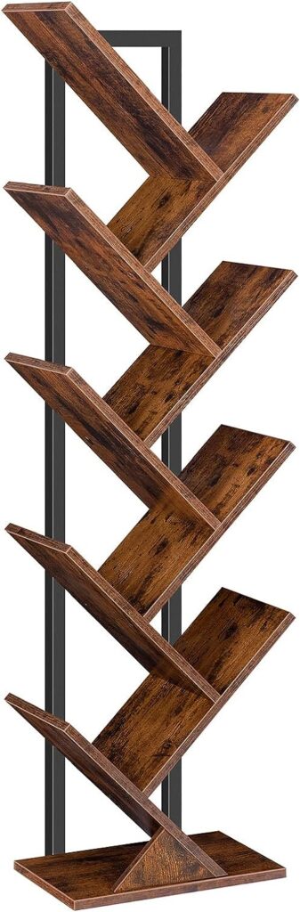 HOOBRO Tree Bookshelf Tall, 9-Tier Floor Standing Book Shelf, Tall Bookcase with Wooden Shelves for CDs Albums, Metal Frame, for Living Room, Kitchen, Home Office, Rustic Brown and Black EBF08SJ01