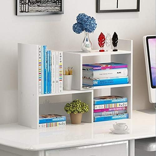 Hossejoy Wood Adjustable Bookshelf Bookcase, Expandable Desktop Storage Organizer Display Shelf Rack, Office Supplies Desk Organizer,White