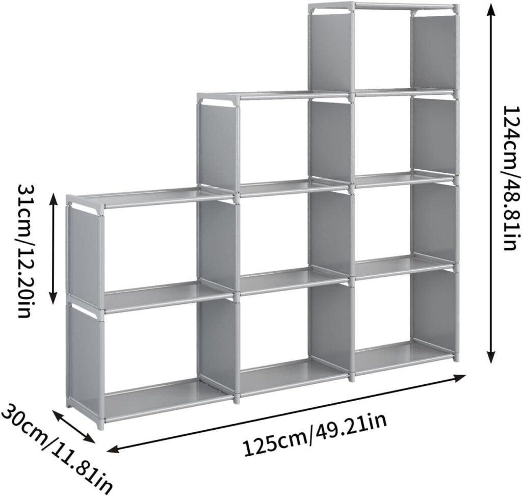 JIUYOTREE 9 Cube Bookcase, Stair Storage Unit,Multi-Use Cube Storage Organiser for Books, Toys, Clothes, Tools, Grey