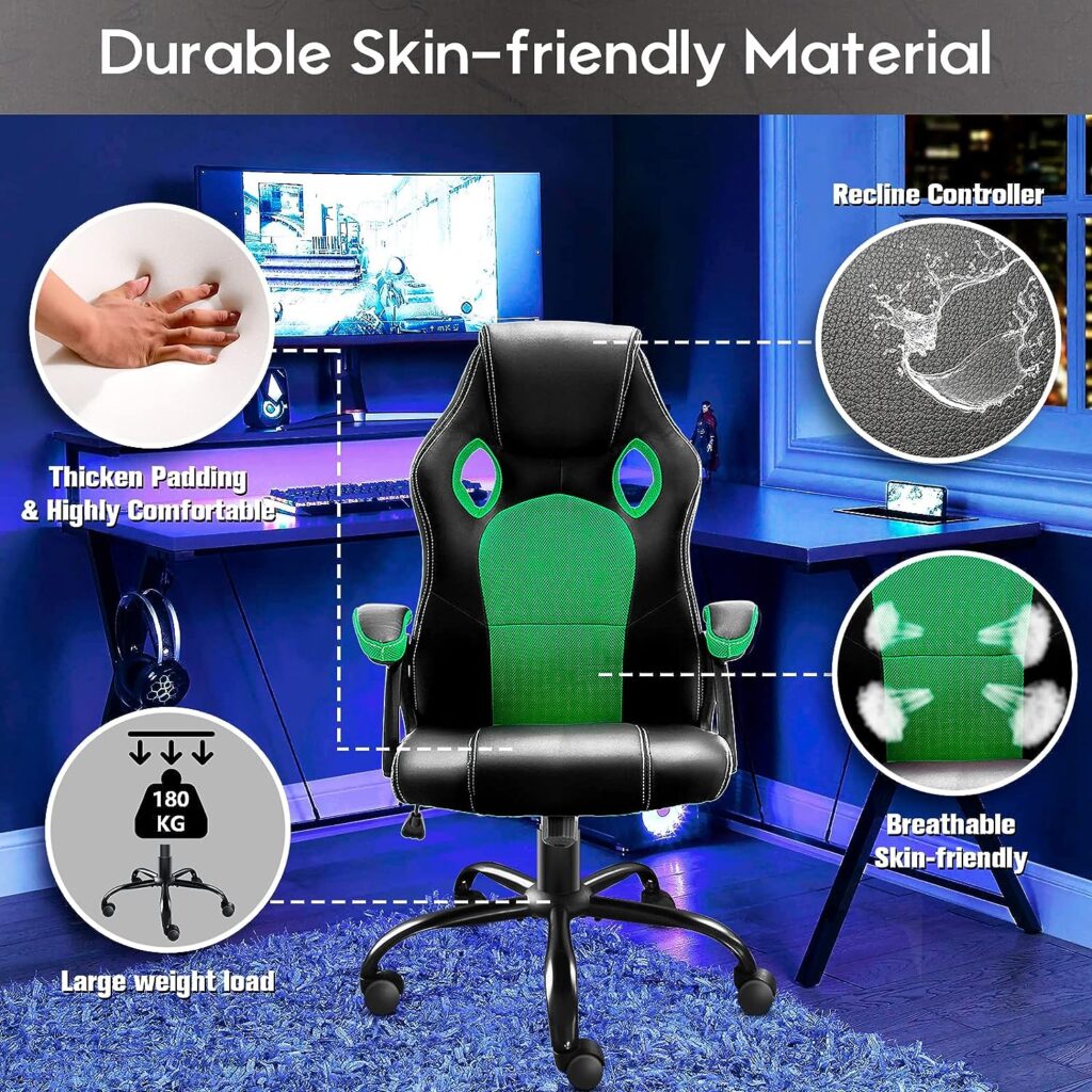 JL Comfurni Gaming Chair Ergonomic Swivel Executive Office Chair Home Office Computer Desk Chair Faux Leather Rocking Racing Chair Mesh Fabric Leather Material (Green)