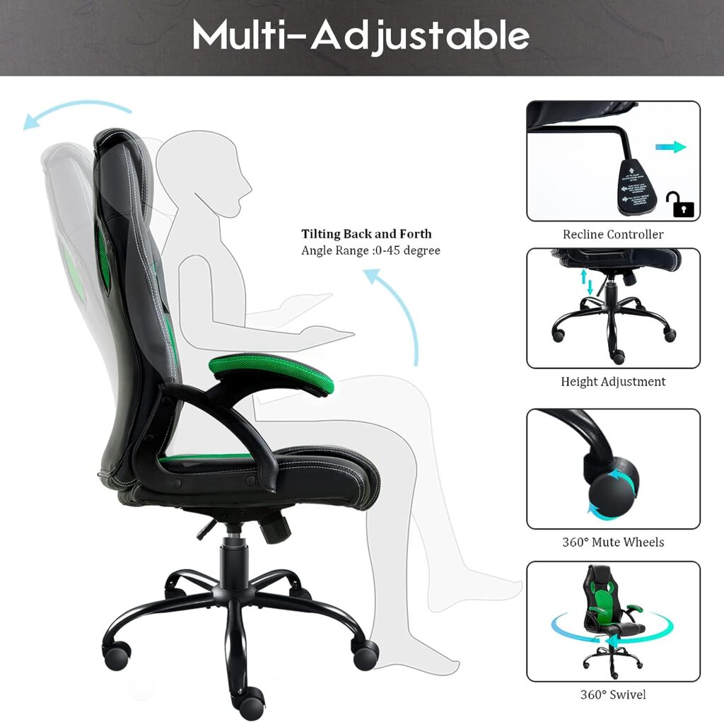 JL Comfurni Gaming Chair Ergonomic Swivel Executive Office Chair Home Office Computer Desk Chair Faux Leather Rocking Racing Chair Mesh Fabric Leather Material (Green)