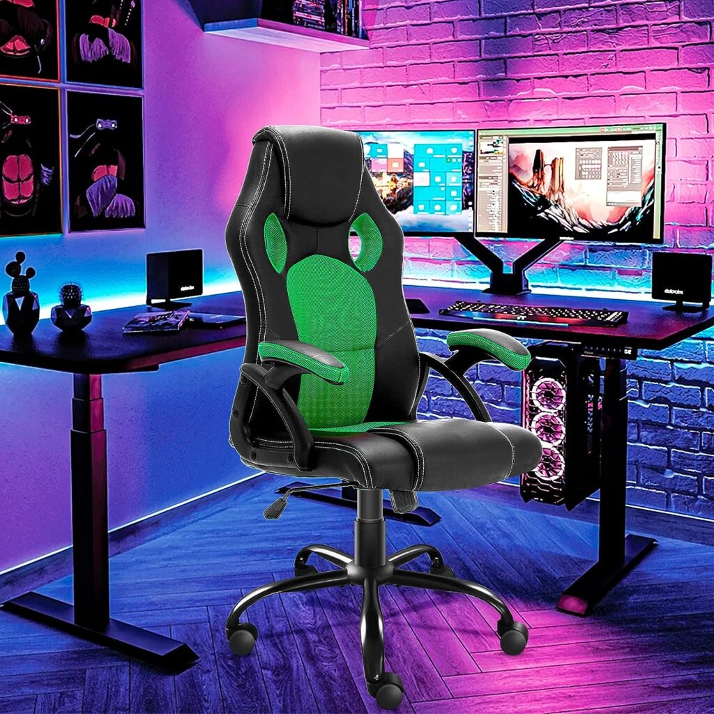 JL Comfurni Gaming Chair Ergonomic Swivel Executive Office Chair Home Office Computer Desk Chair Faux Leather Rocking Racing Chair Mesh Fabric Leather Material (Green)