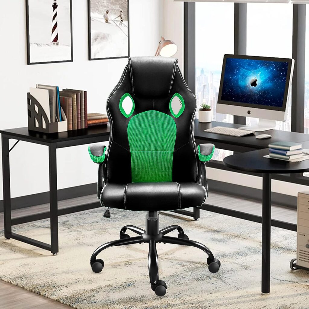 JL Comfurni Gaming Chair Ergonomic Swivel Executive Office Chair Home Office Computer Desk Chair Faux Leather Rocking Racing Chair Mesh Fabric Leather Material (Green)