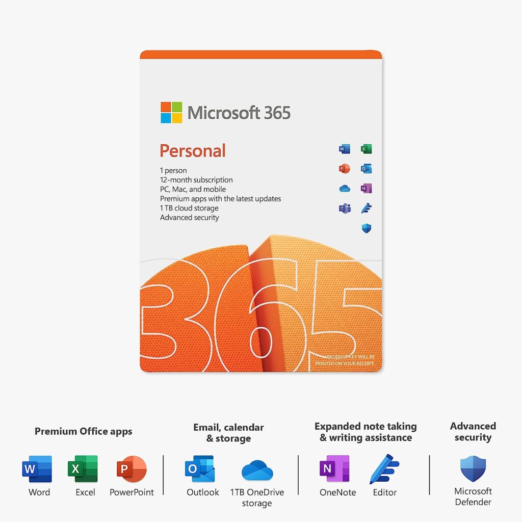 Microsoft 365 Personal | Office 365 apps | 1 user | 1 year subscription | PC/Mac, Tablet and Phone | multilingual | Box